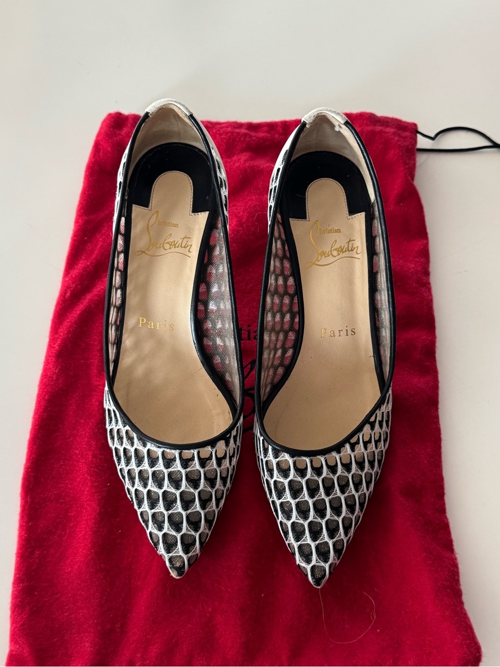Christian Louboutin Black & White Mesh Pointed Flats with Red Dust Bag